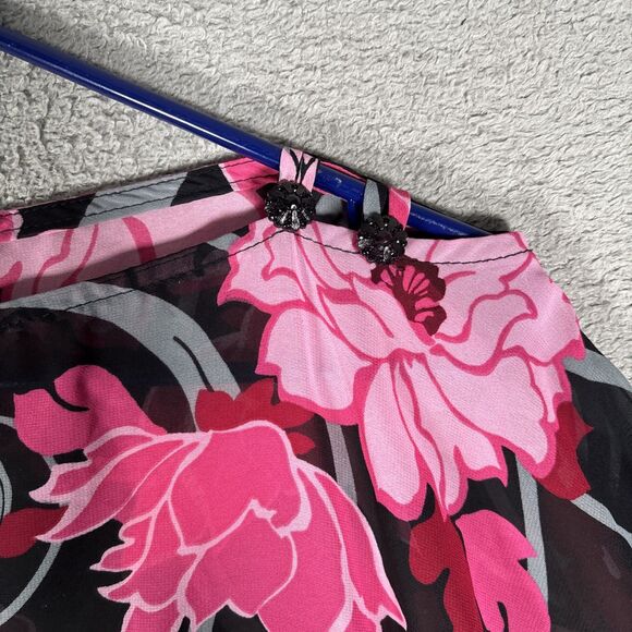 Rampage Blouse Women’s Size M Sheer Pink Red Rose AOP Tie Flutter Sleeve Kaftan - Picture 5 of 15